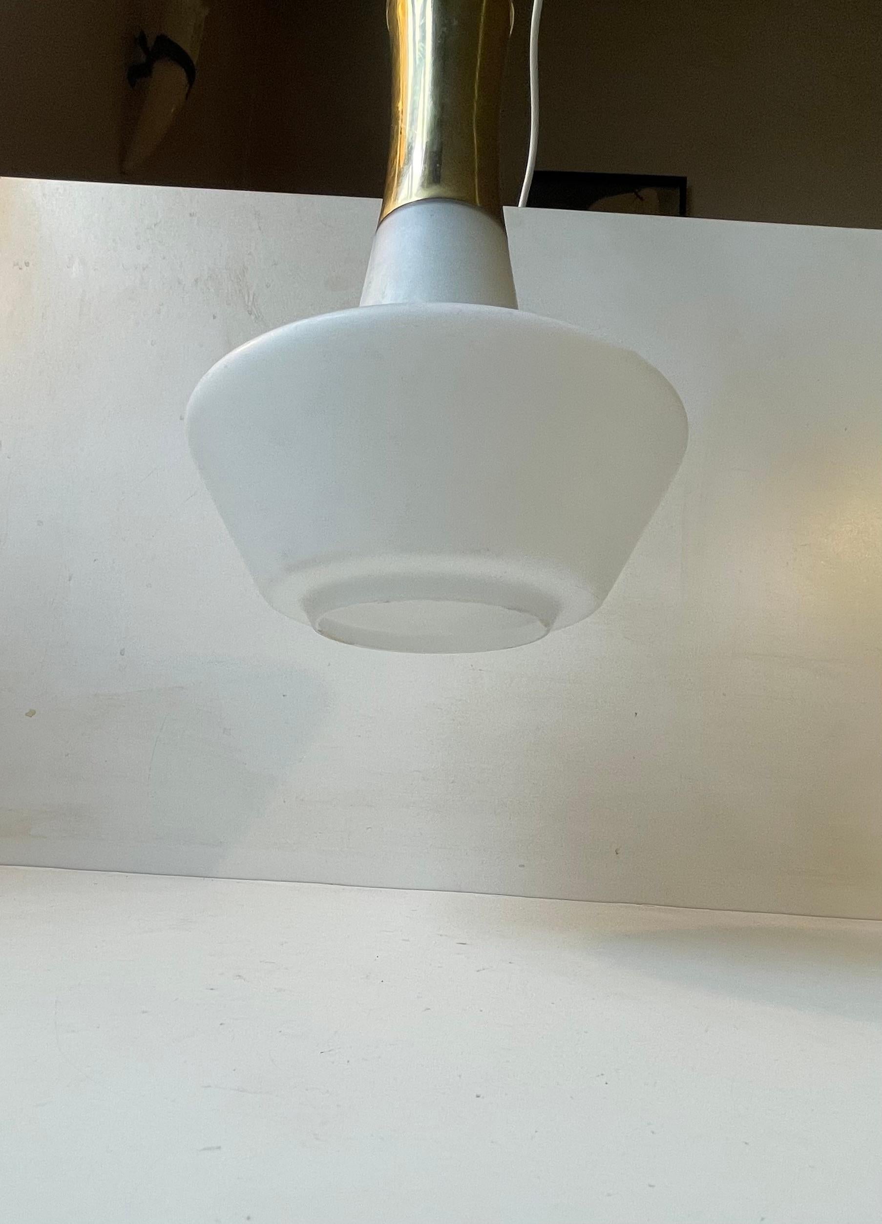 Mid-20th Century Danish Modern Ballerina Pendant Lamp in Brass & White Opaline Glass, 1950s For Sale