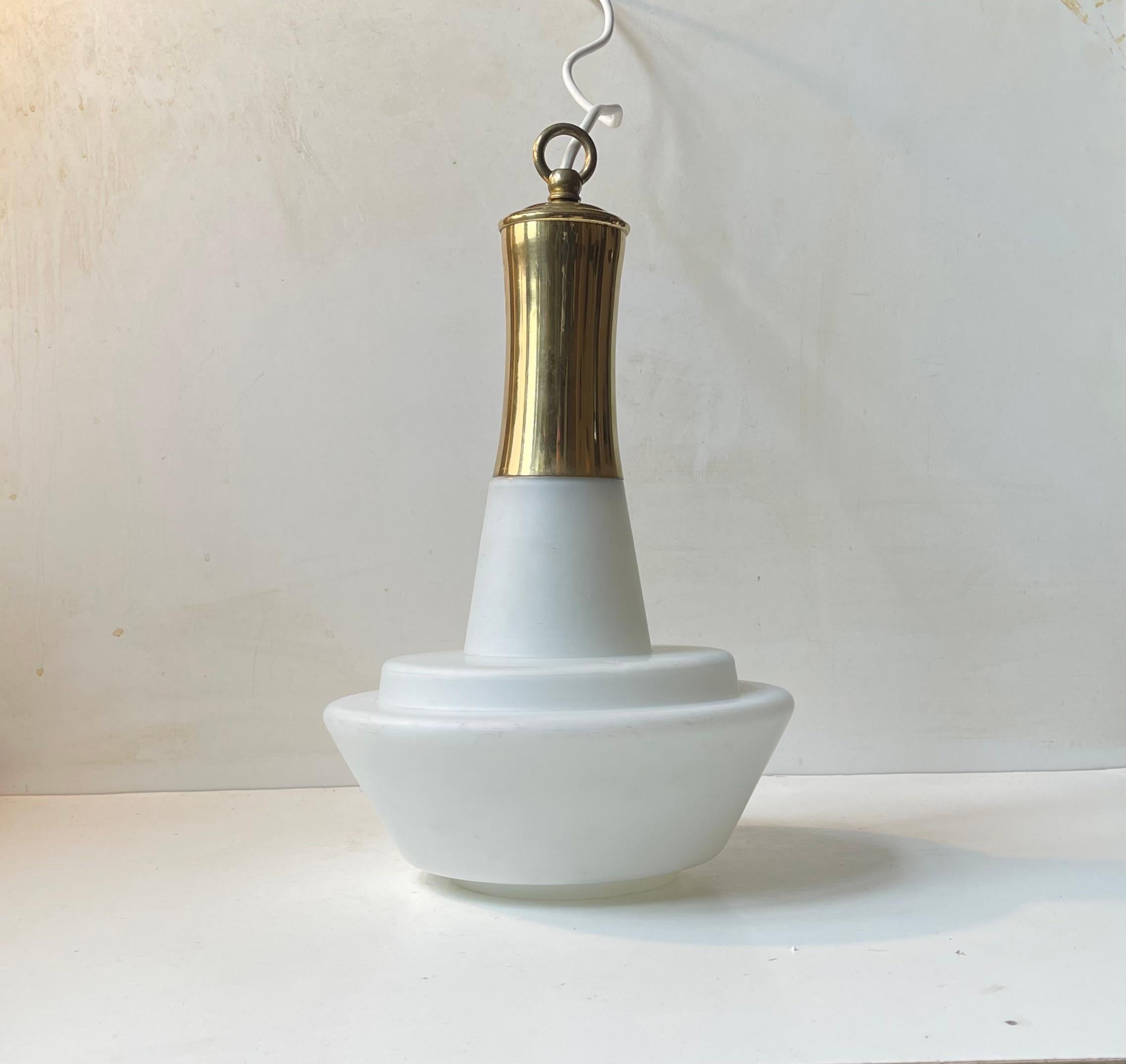 Danish Modern Ballerina Pendant Lamp in Brass & White Opaline Glass, 1950s For Sale 1