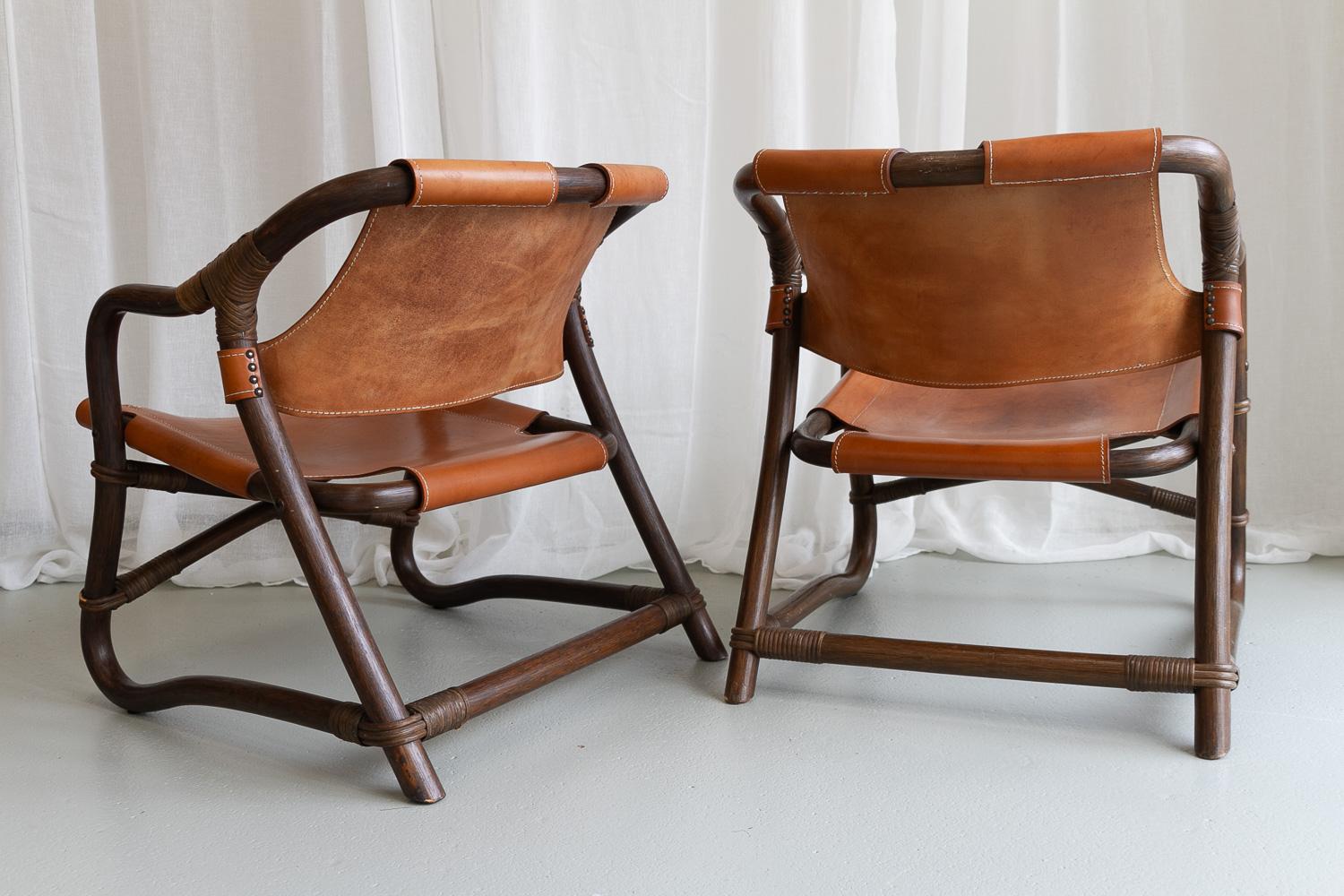 Danish Modern Bamboo and Leather Lounge Chairs & Table by Horsnæs, 1960s. For Sale 7