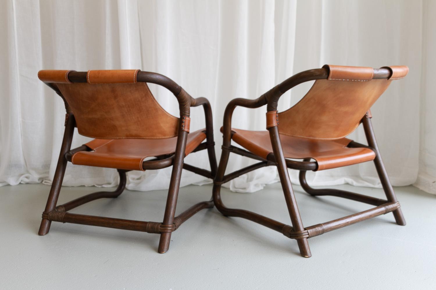 Danish Modern Bamboo and Leather Lounge Chairs & Table by Horsnæs, 1960s. For Sale 9