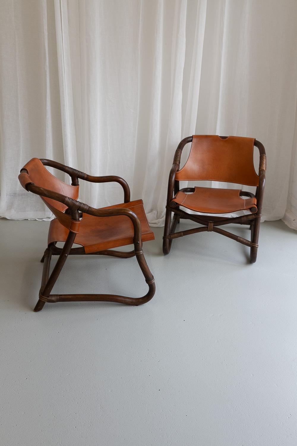 Danish Modern Bamboo and Leather Lounge Chairs & Table by Horsnæs, 1960s. For Sale 12