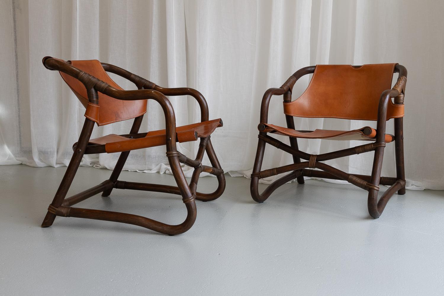 Danish Modern Bamboo and Leather Lounge Chairs & Table by Horsnæs, 1960s. For Sale 13