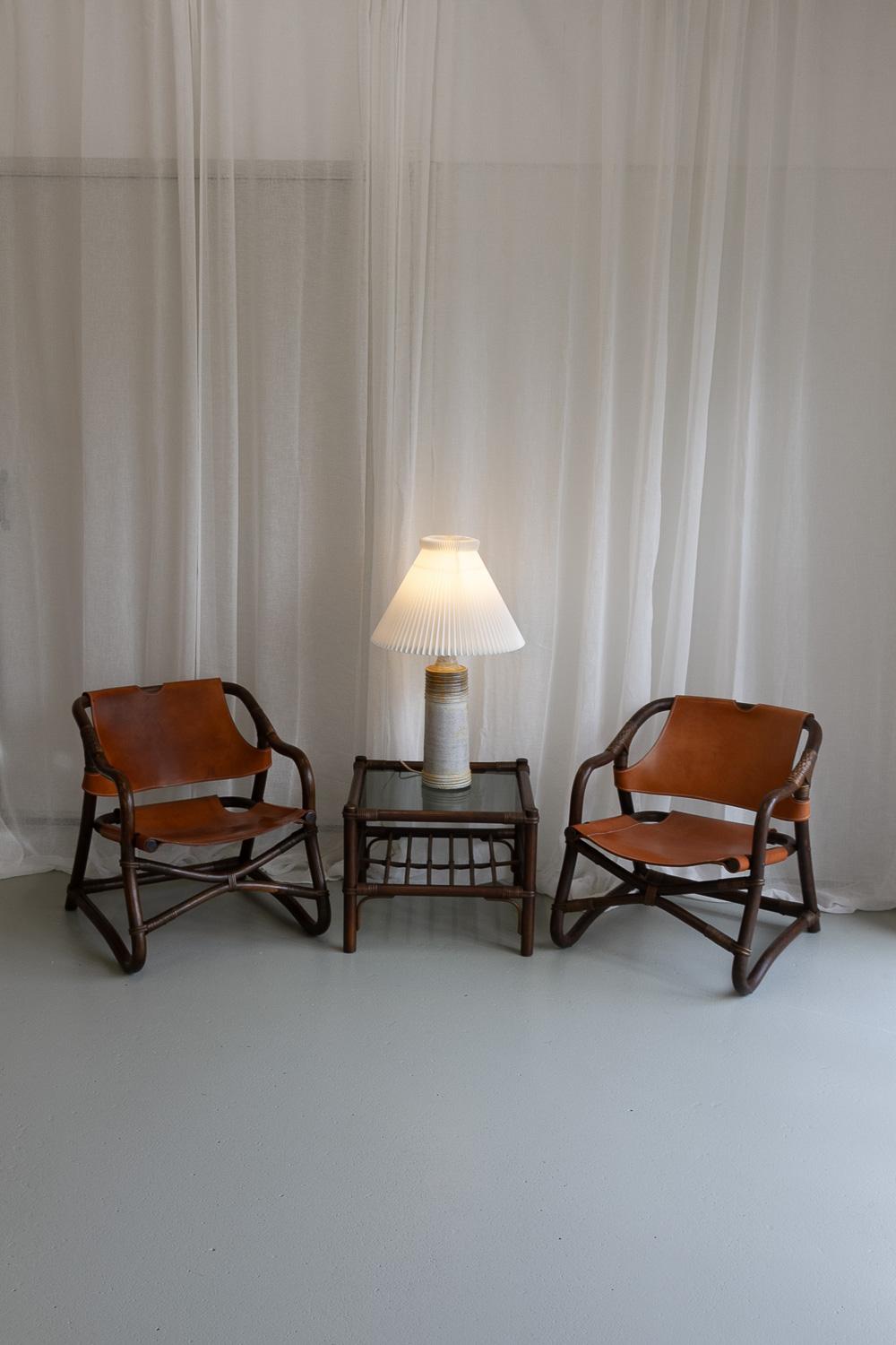 Danish Modern Bamboo and Leather Lounge Chairs & Table by Horsnæs, 1960s. For Sale 14