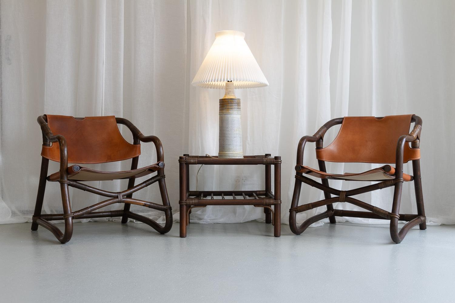 Danish Modern Bamboo and Leather Lounge Chairs & Table by Horsnæs, 1960s. For Sale 15