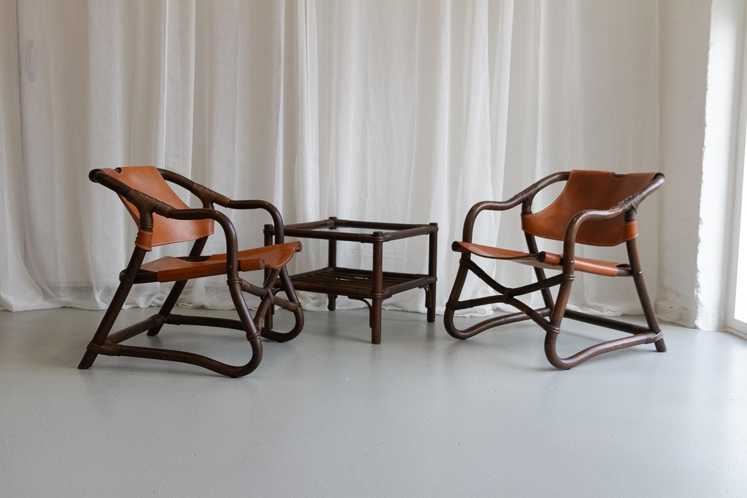 Scandinavian Modern Danish Modern Bamboo and Leather Lounge Chairs & Table by Horsnæs, 1960s. For Sale