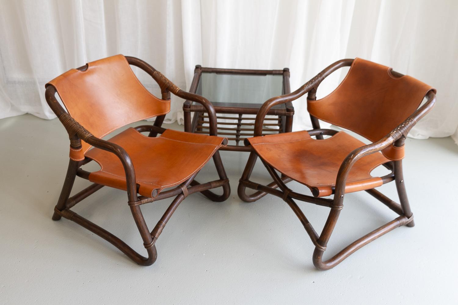 Mid-20th Century Danish Modern Bamboo and Leather Lounge Chairs & Table by Horsnæs, 1960s. For Sale