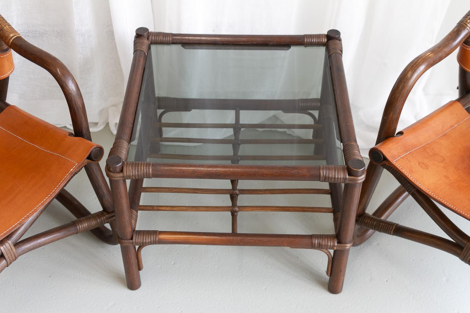 Danish Modern Bamboo and Leather Lounge Chairs & Table by Horsnæs, 1960s. For Sale 2