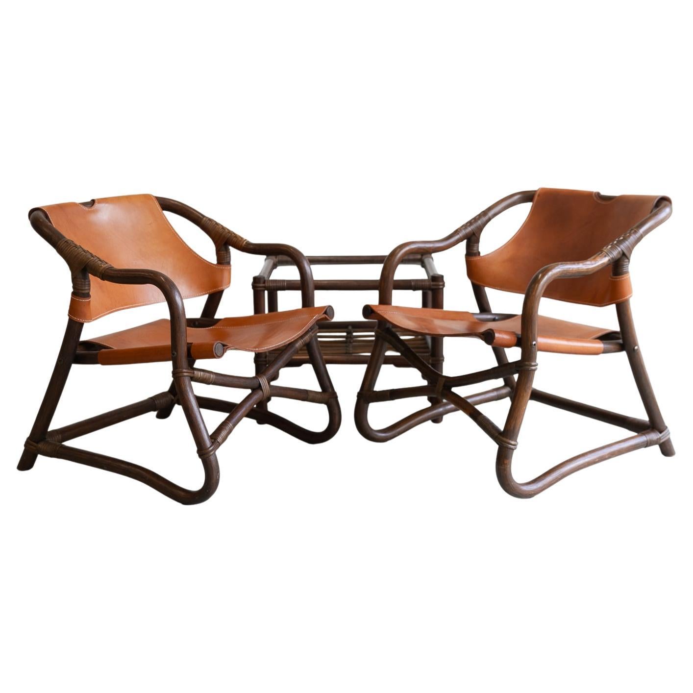 Danish Modern Bamboo and Leather Lounge Chairs & Table by Horsnæs, 1960s.