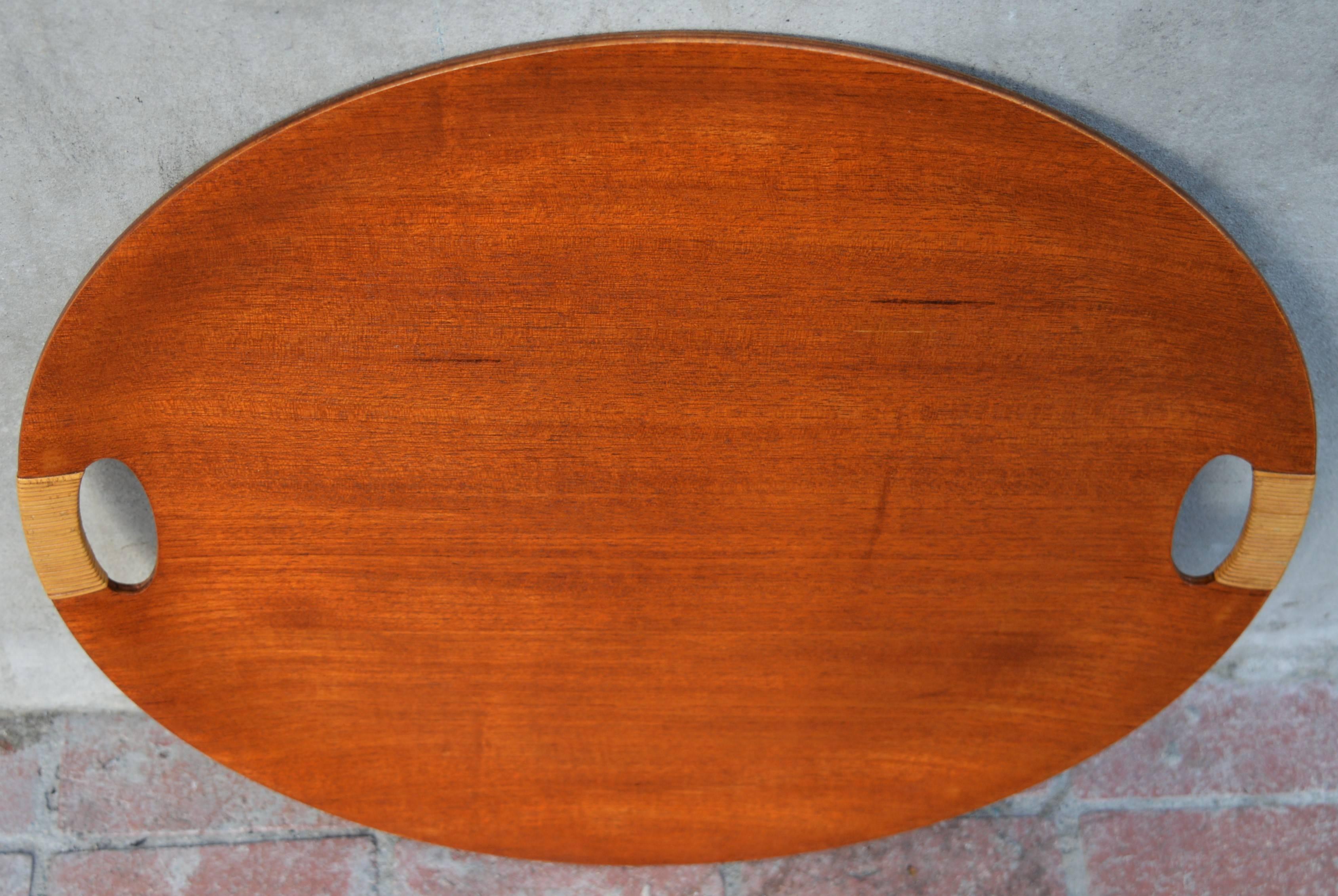 Mid-20th Century Danish Modern Bentwood Teak Round Serving Tray with Caned Cut-Away Handles