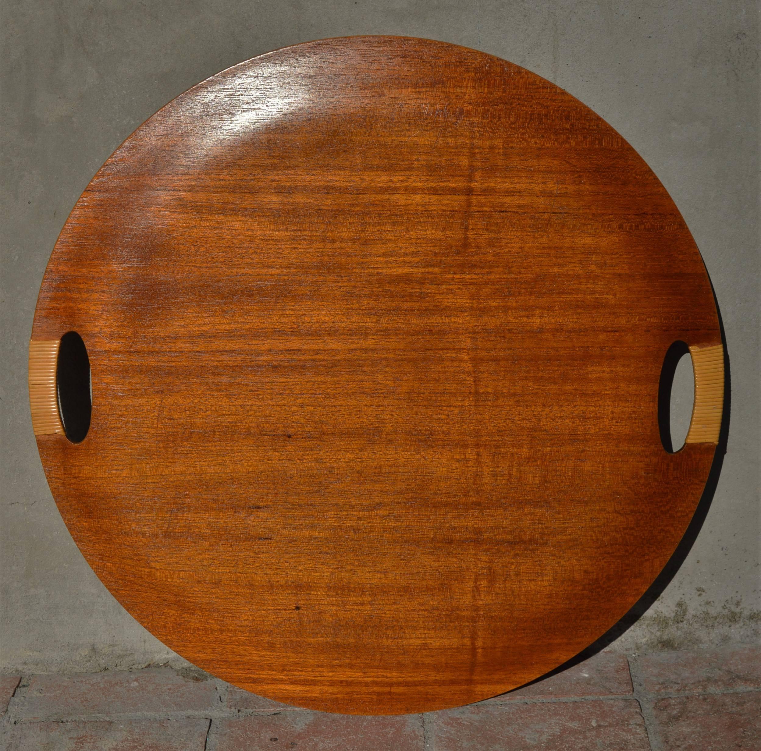 Danish Modern Bentwood Teak Round Serving Tray with Caned Cut-Away Handles 1
