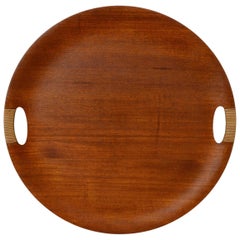 Danish Modern Bentwood Teak Round Serving Tray with Caned Cut-Away Handles