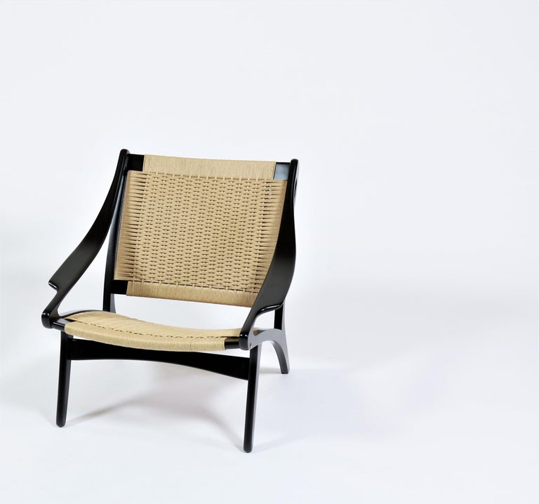 Papercord Danish Modern Black Lacquered Beech and Lounge Chair by Illum Wikkelsø, 1950s For Sale