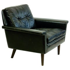 Danish Modern Black Leather and Rosewood Lounge Chair attr. Hans Olsen