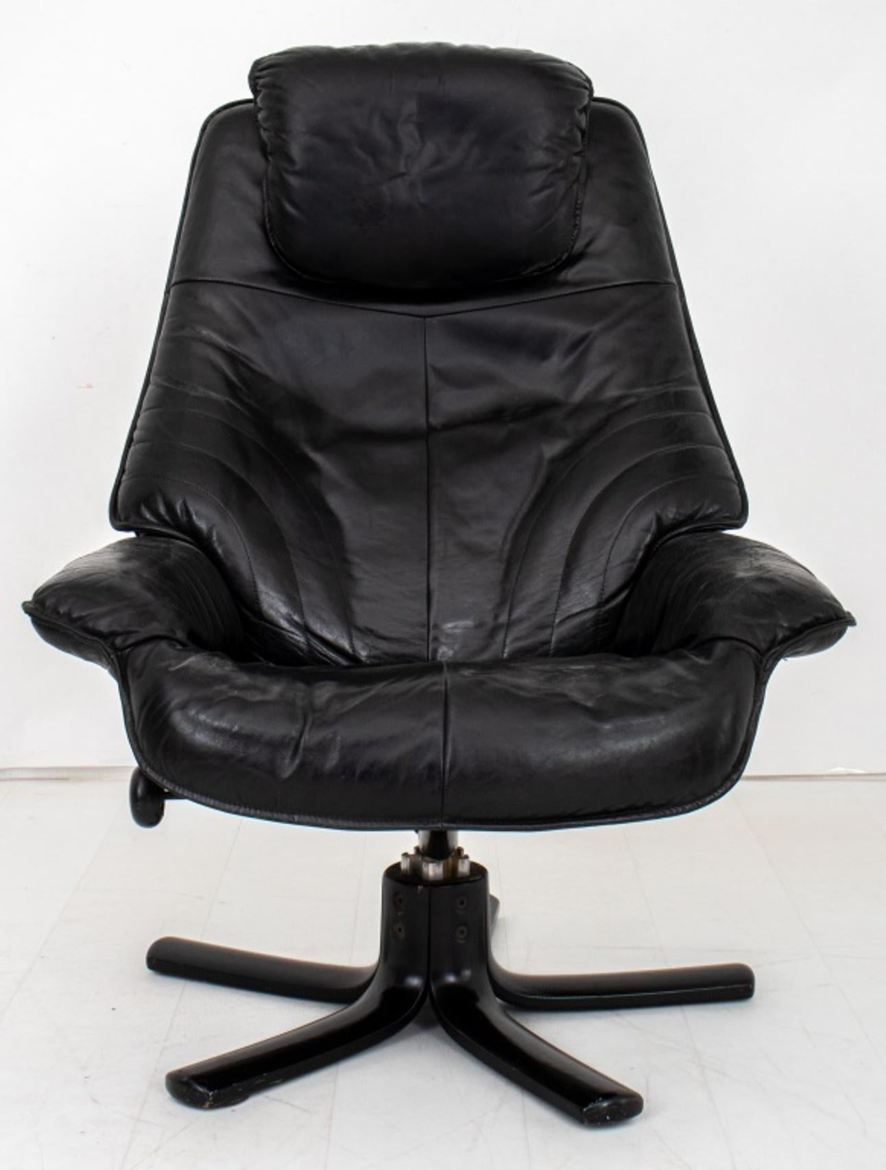 Scandinavian Modern Danish Modern Black Leather Chair and Ottoman For Sale