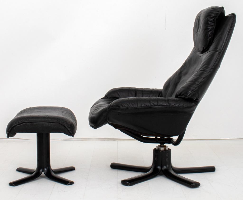 Danish Modern Black Leather Chair and Ottoman In Good Condition For Sale In New York, NY