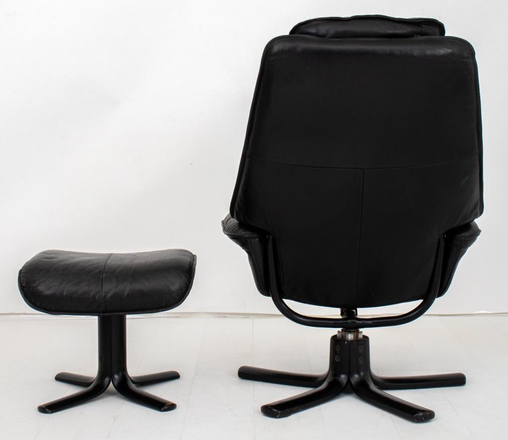 Contemporary Danish Modern Black Leather Chair and Ottoman