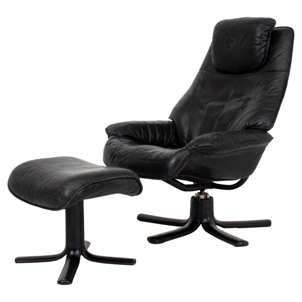 Danish Modern Black Leather Chair and Ottoman For Sale