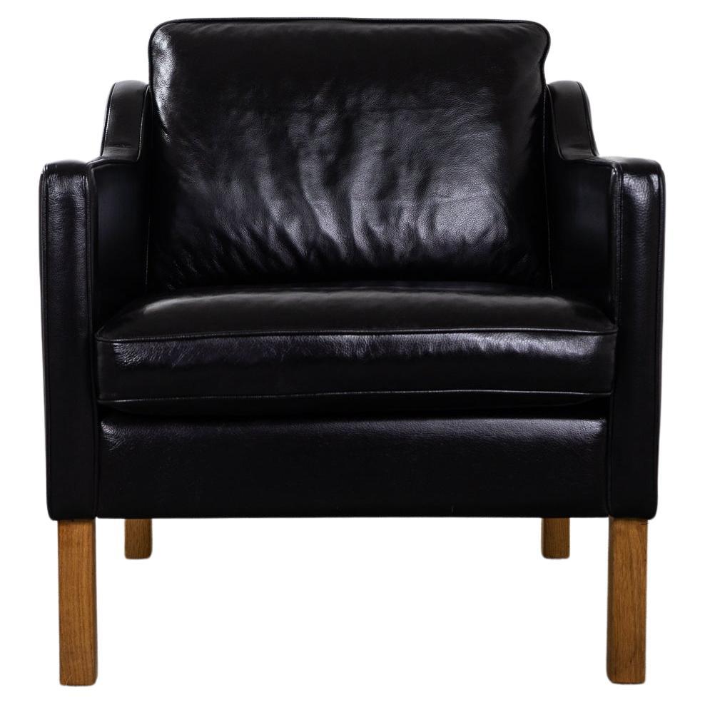 Danish Modern Black Leather Easy Chair For Sale