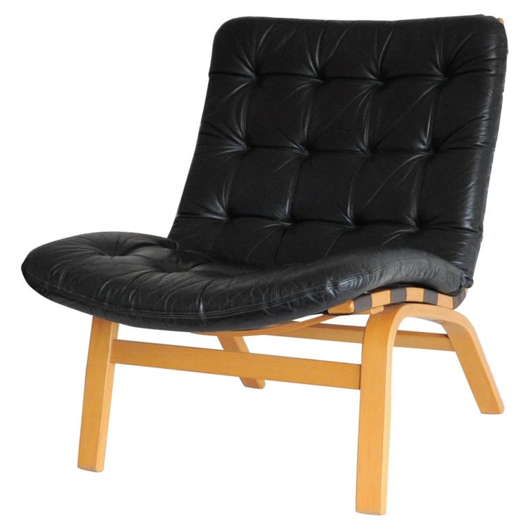 Danish Modern Black Leather Lounge Chair For Sale at 1stDibs