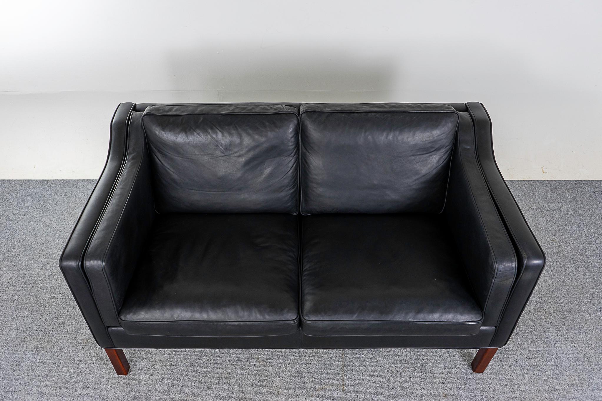 Danish Modern Black Leather Loveseat For Sale 3