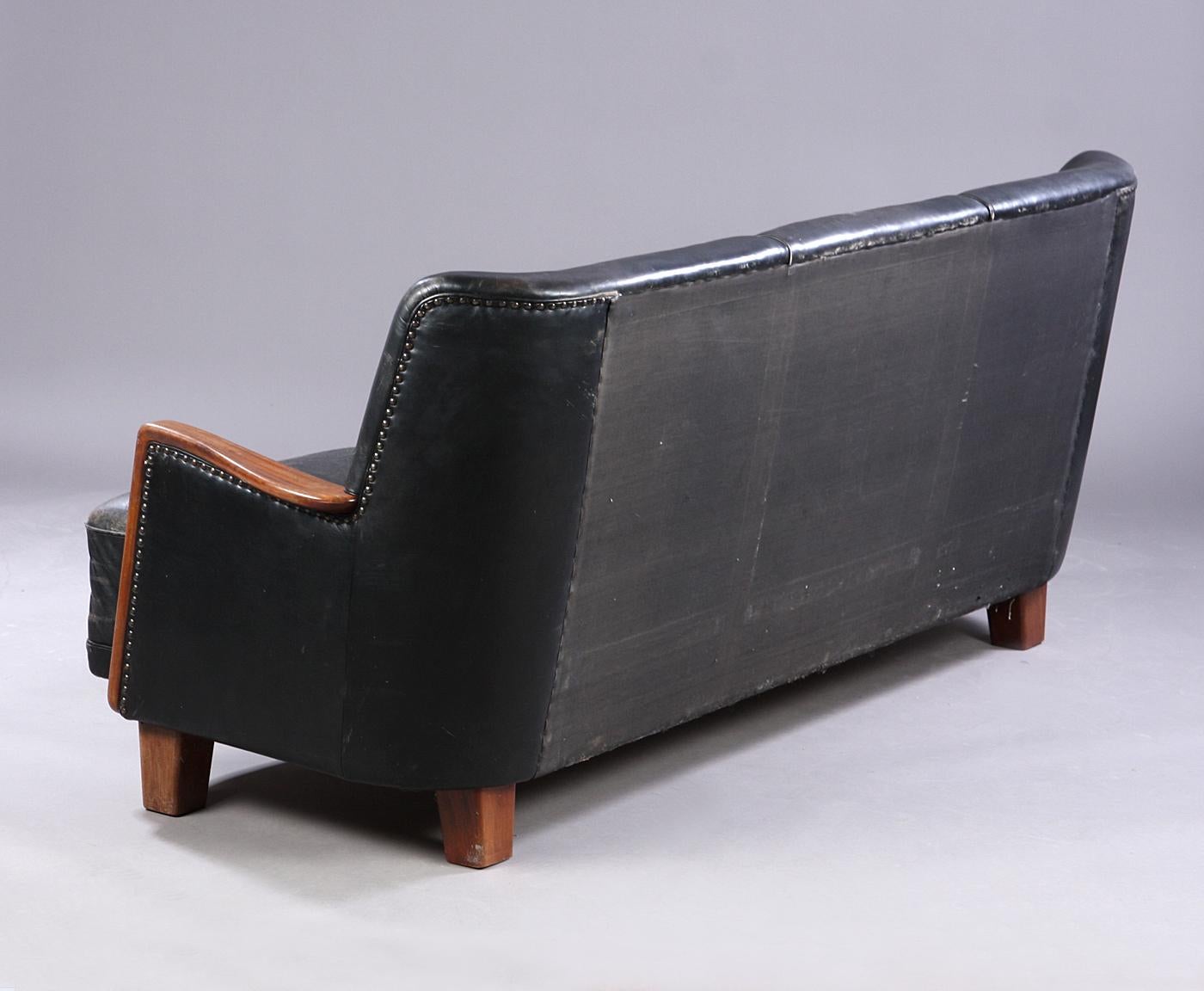 Scandinavian Modern Danish Modern Black Leather Sofa