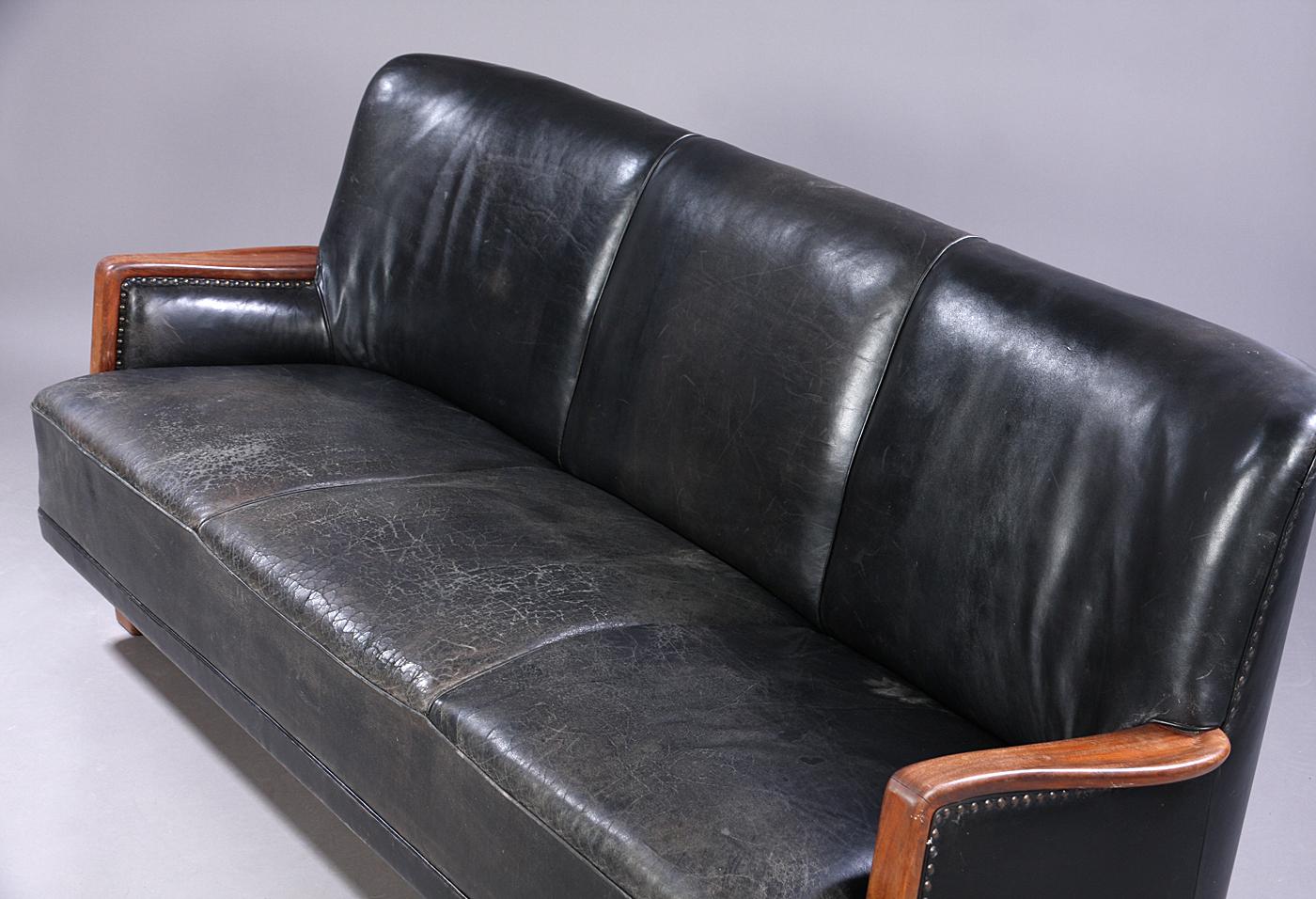 Mid-20th Century Danish Modern Black Leather Sofa