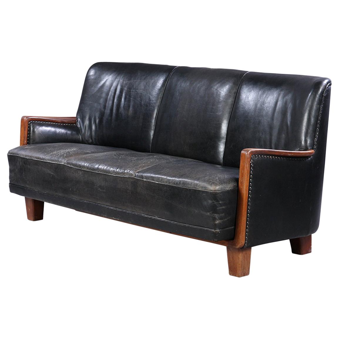 Danish Modern Black Leather Sofa