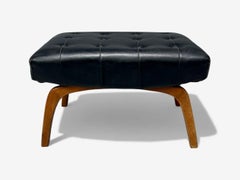Danish Modern, Black Leatherette, Stained Wood, Footstool, Denmark, 1950s