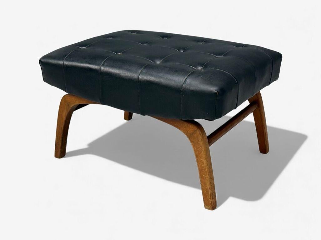 Danish Modern, Black Leatherette, Stained Wood, Footstool, Denmark, 1950s Danés en venta