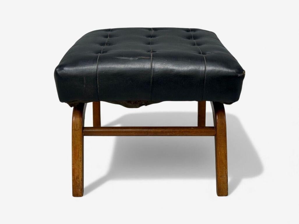 Danish Modern, Black Leatherette, Stained Wood, Footstool, Denmark, 1950s en venta 3