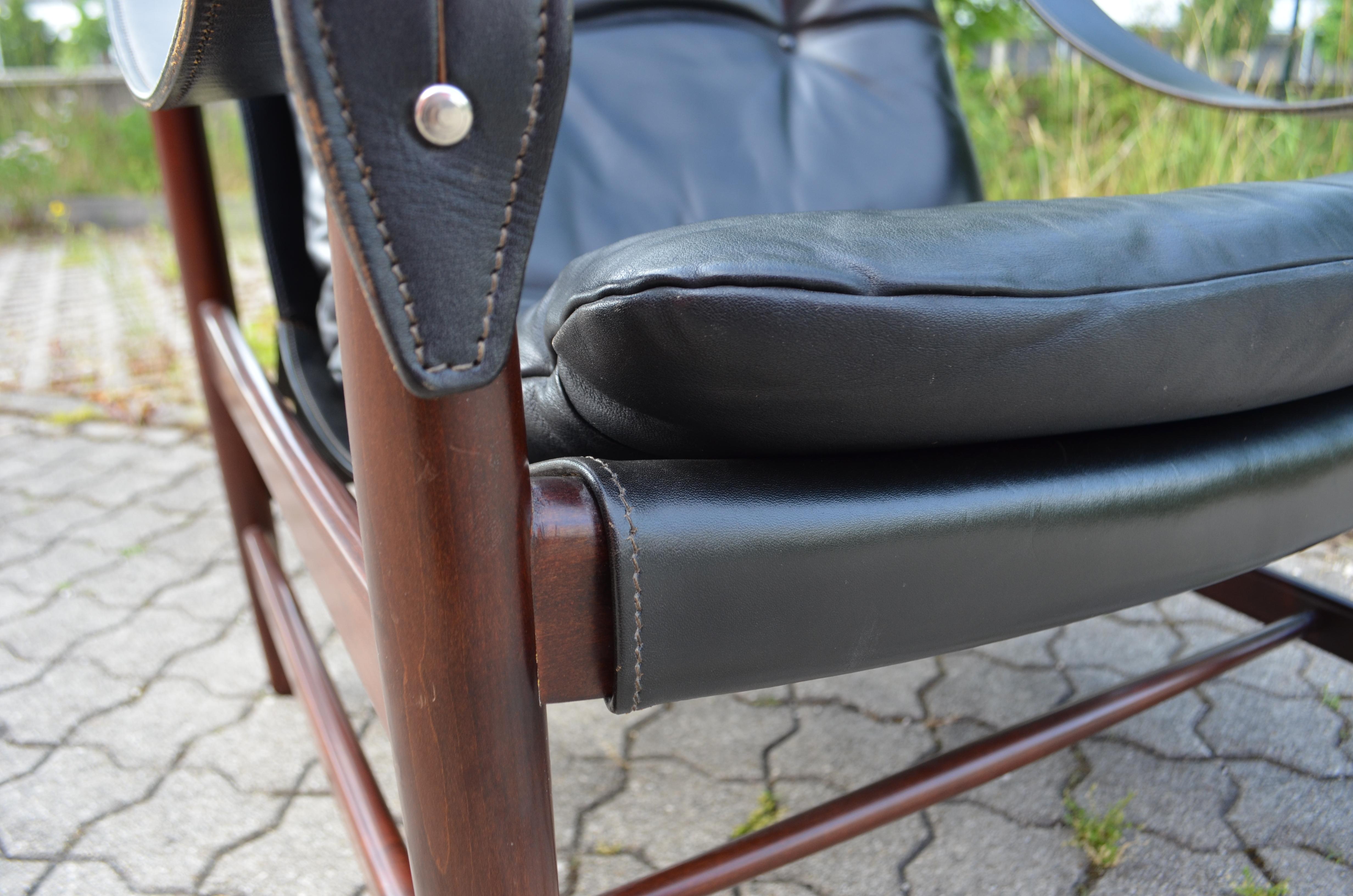 Danish Modern Black Saddle Leather Hunting Safari Chair 6