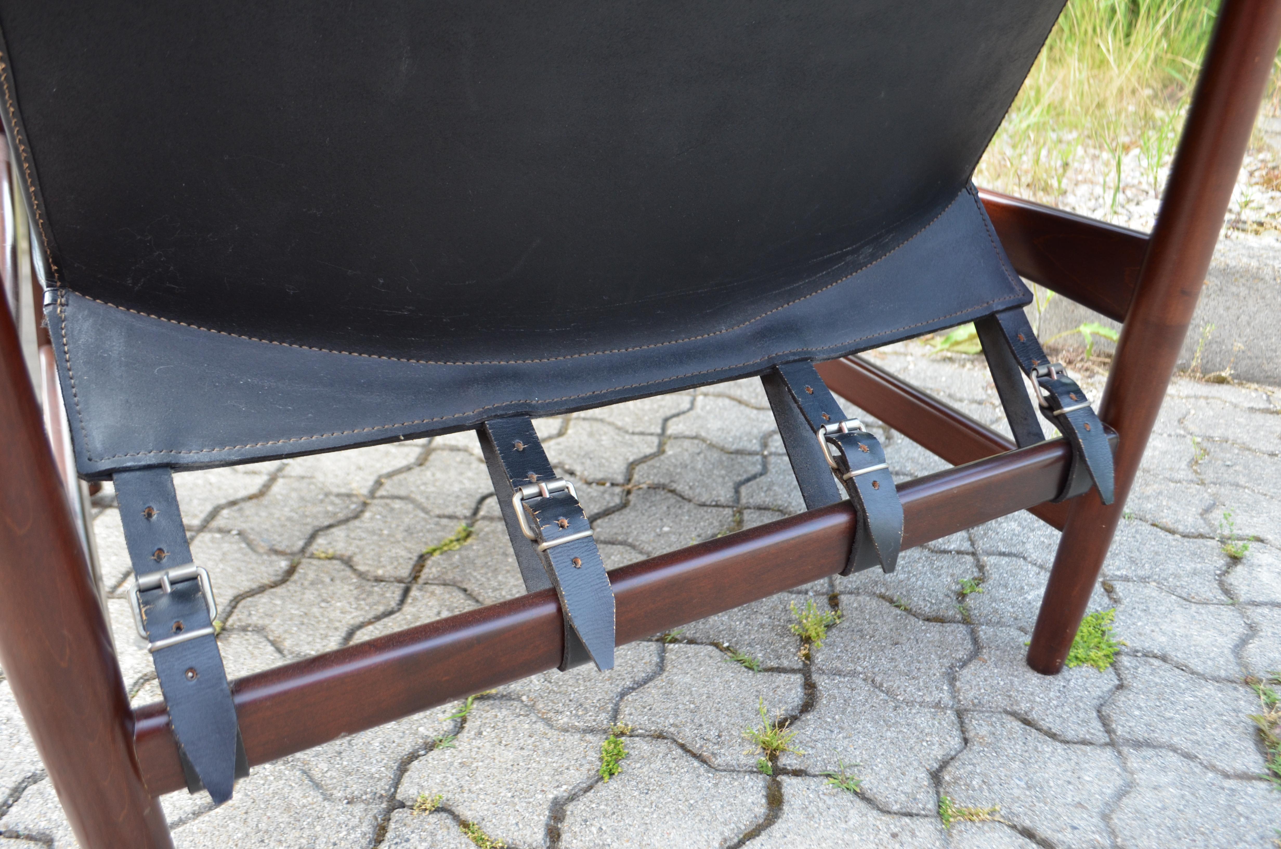 Birch Danish Modern Black Saddle Leather Hunting Safari Chair