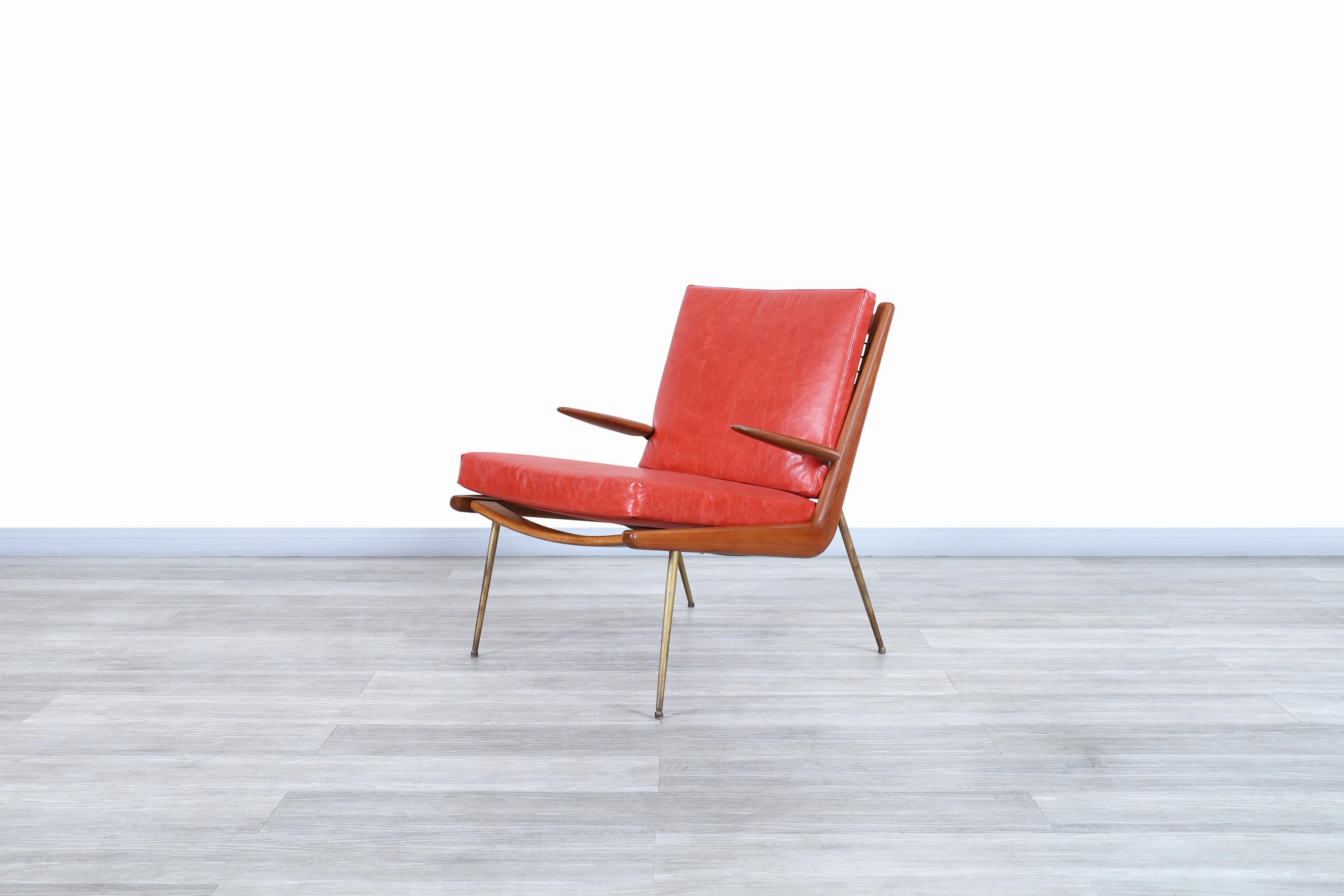 Wonderful Danish modern “Boomerang” lounge chair designed by Peter Hvid and Orla Molgaard-Nielsen for France & Daverkosen in Denmark, circa 1950s. This chair has been identified as model FD-135, standing out for the materials used in its