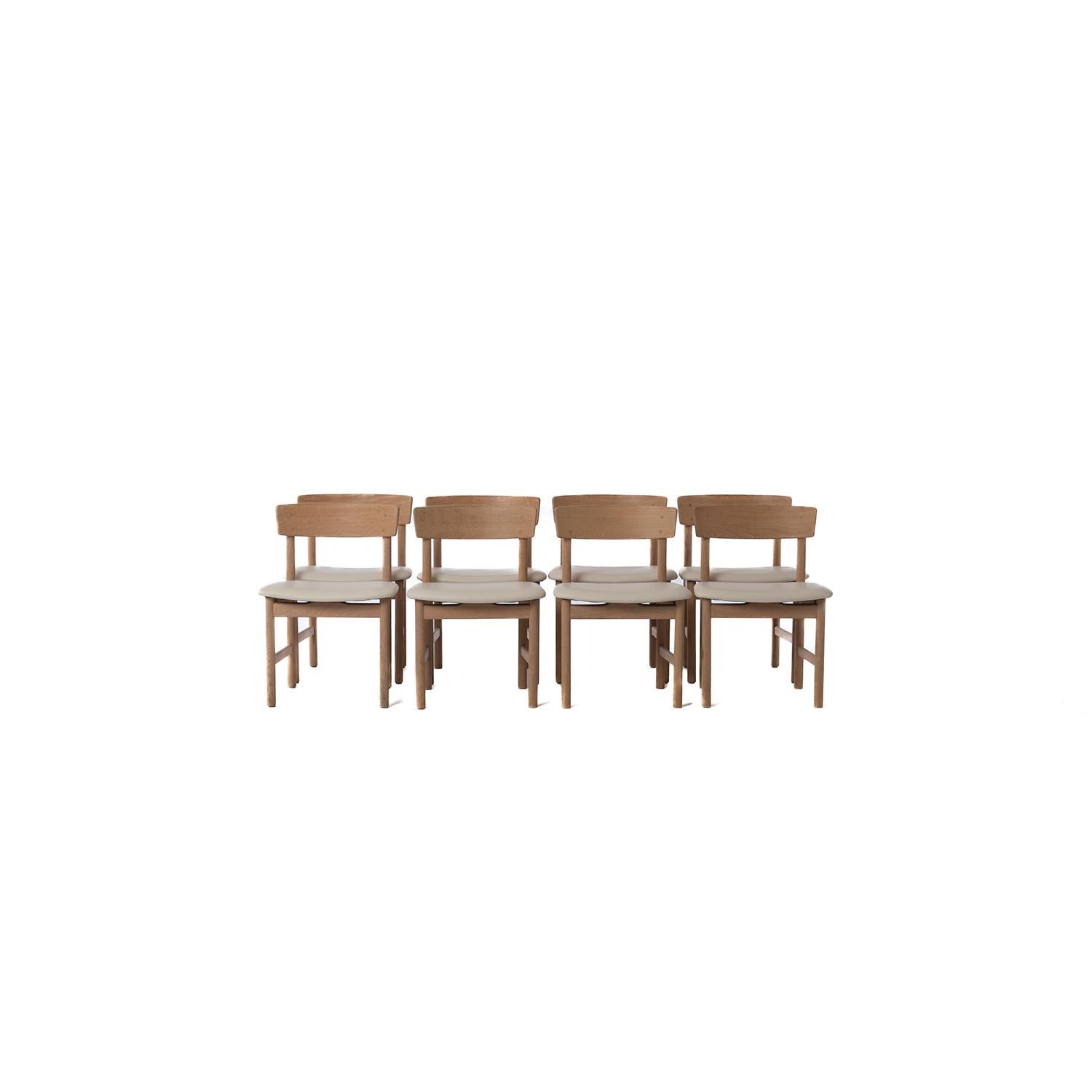 Danish modern soaped oak dining chairs designed by Borge Mogensen for Fredericia Stolefabrik. 

Professional, skilled furniture restoration is an integral part of what we do every day. Our goal is to provide beautiful, functional furniture that