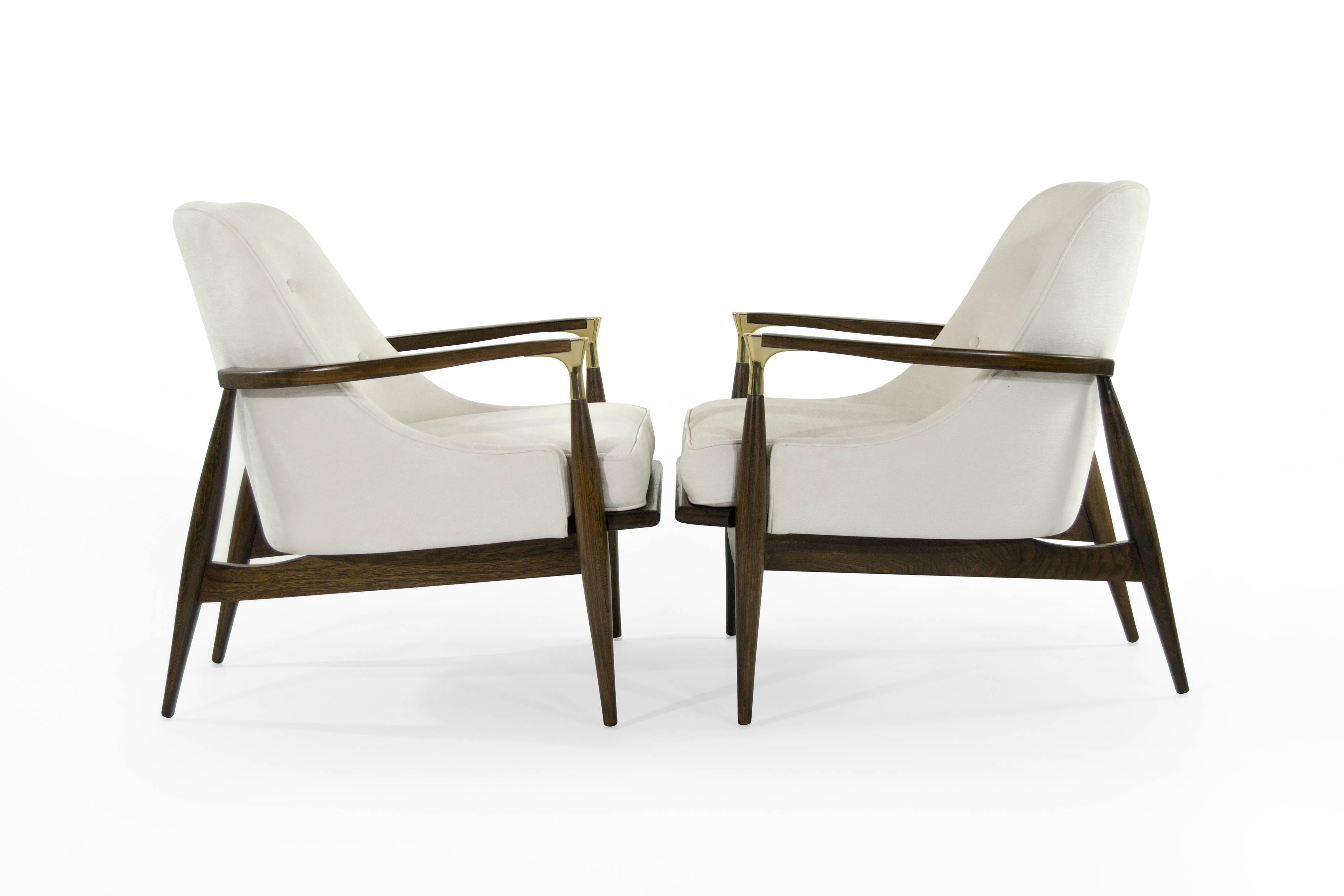 20th Century Modern Brass-Accented Walnut Lounge Chairs