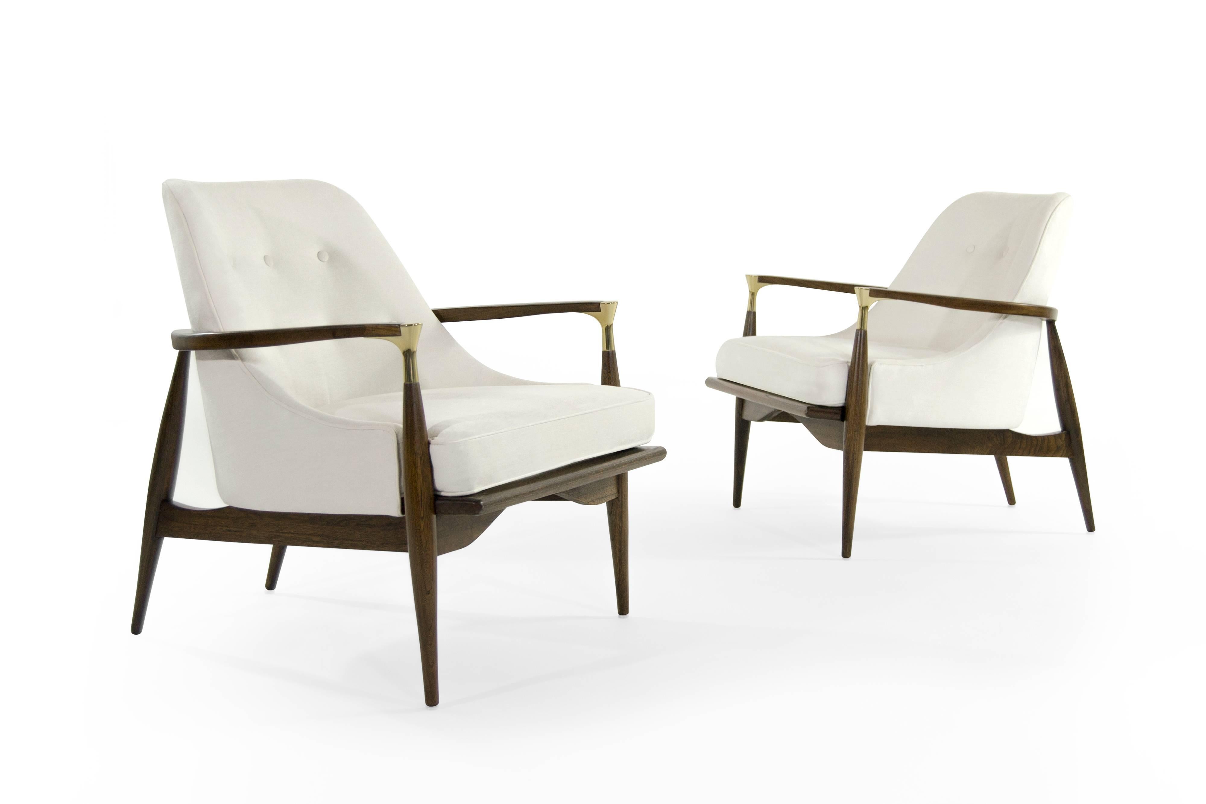 Wool Modern Brass-Accented Walnut Lounge Chairs