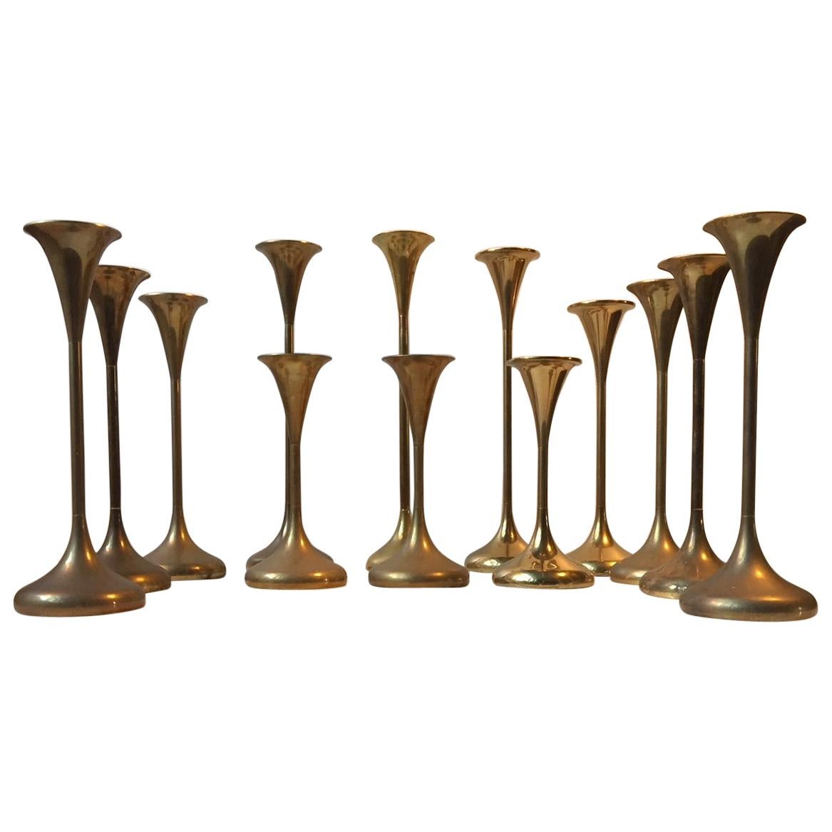 Danish Modern Brass Candlesticks by Freddie Andersen, 1960s, Set of 13