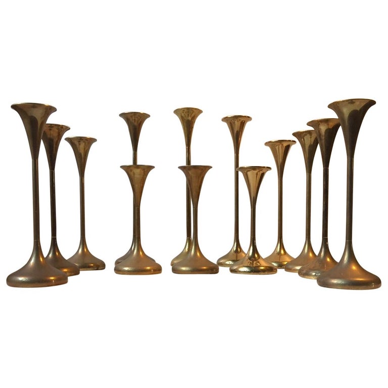 Danish Modern Brass Candlesticks by Freddie Andersen, 1960s, Set of 13