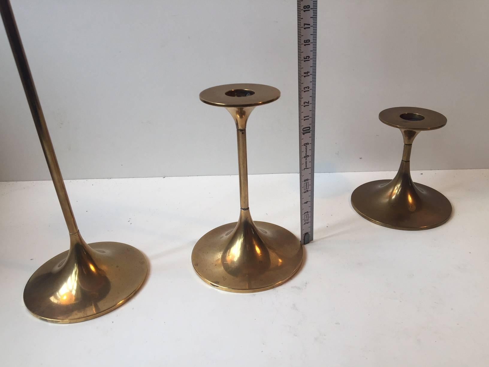 Danish Modern Brass Candlesticks Hi-Fi by Max Brüel for Torben Orskov, Set of 3 In Good Condition For Sale In Esbjerg, DK