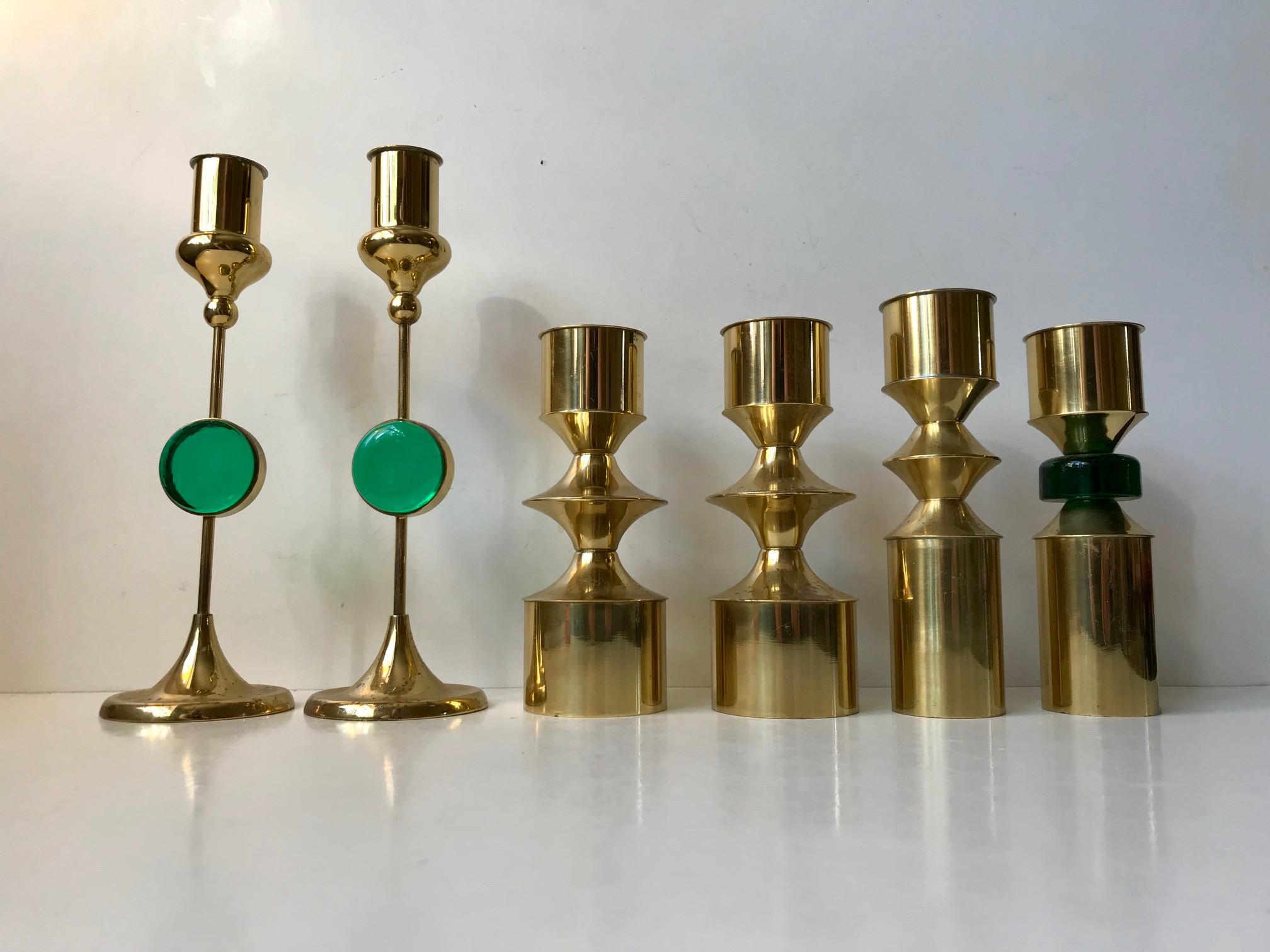 - A set of 6 modernist candlesticks 3 of which have green glass implements
- Designed and manufactured by Hejl Fredericia in Denmark during the 1960s-1970s
- Bears significant resemblance to both Gunnar Ander and Svend Aage Holm-Sorensen
- All
