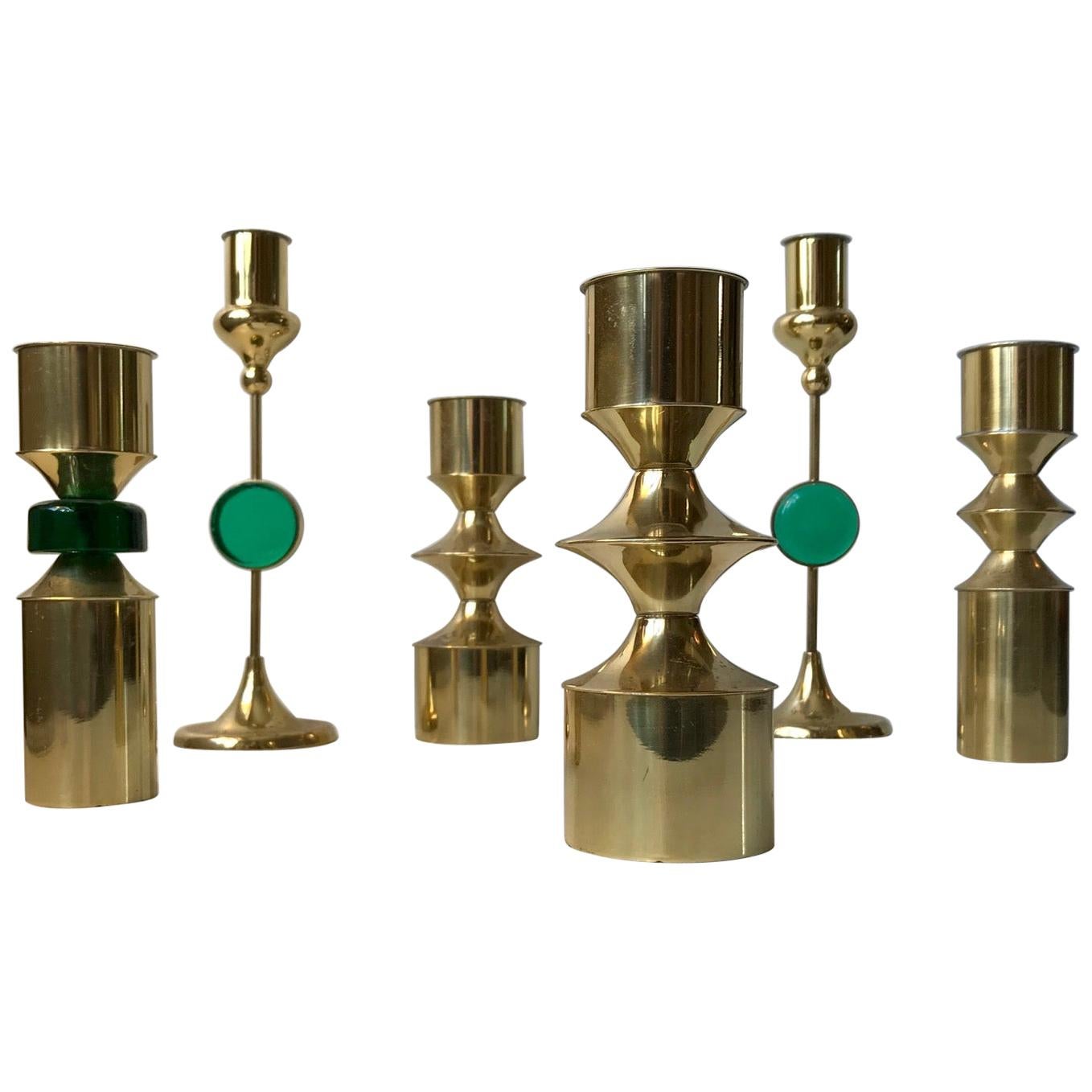 Danish Modern Brass & Glass Candleholders by Hejl Fredericia, 1970s, Set of 6