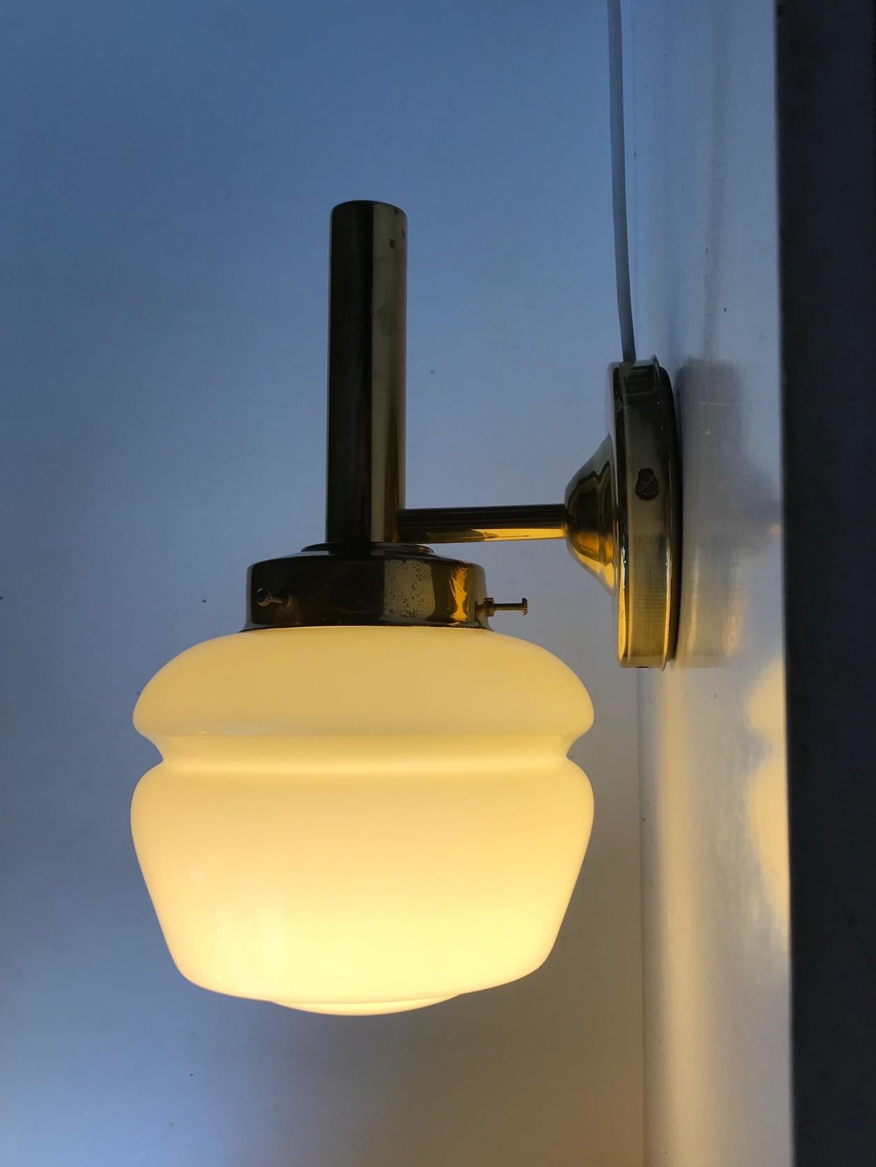 Art Deco Danish Modern Brass and Opaline Glass Sconce from Abo Metalkunst, 1970s
