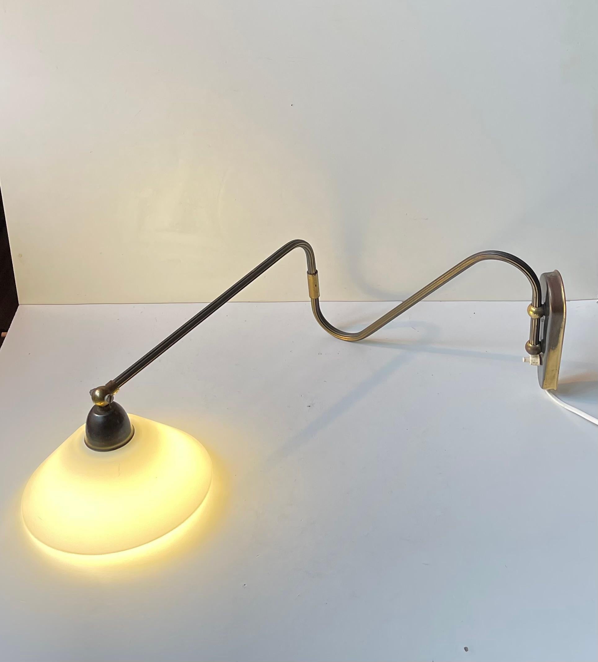 Scandinavian Modern Danish Modern Brass Swing Arm Wall Lamp with Opaline Shade, 1960s