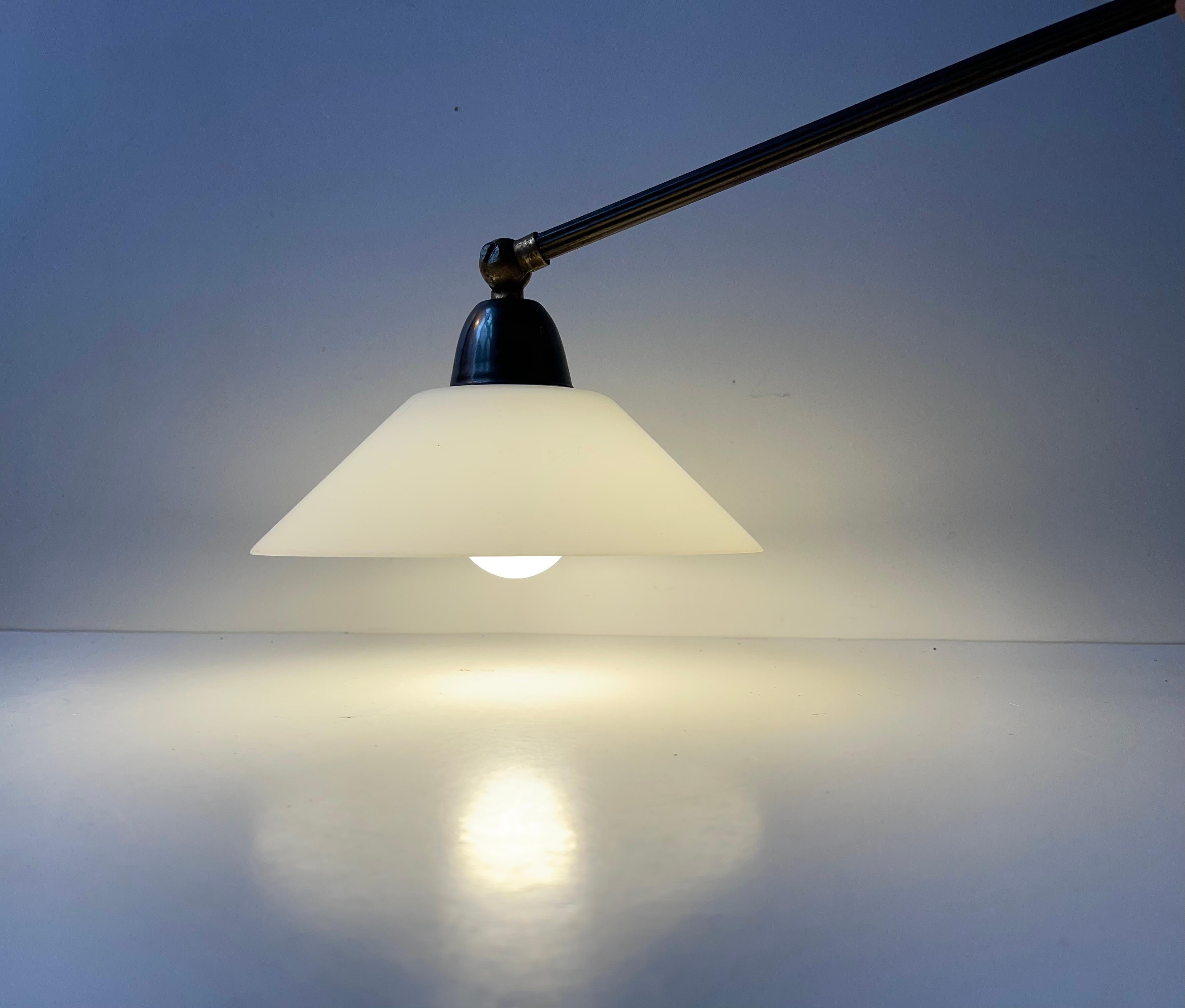Danish Modern Brass Swing Arm Wall Lamp with Opaline Shade, 1960s In Good Condition In Esbjerg, DK