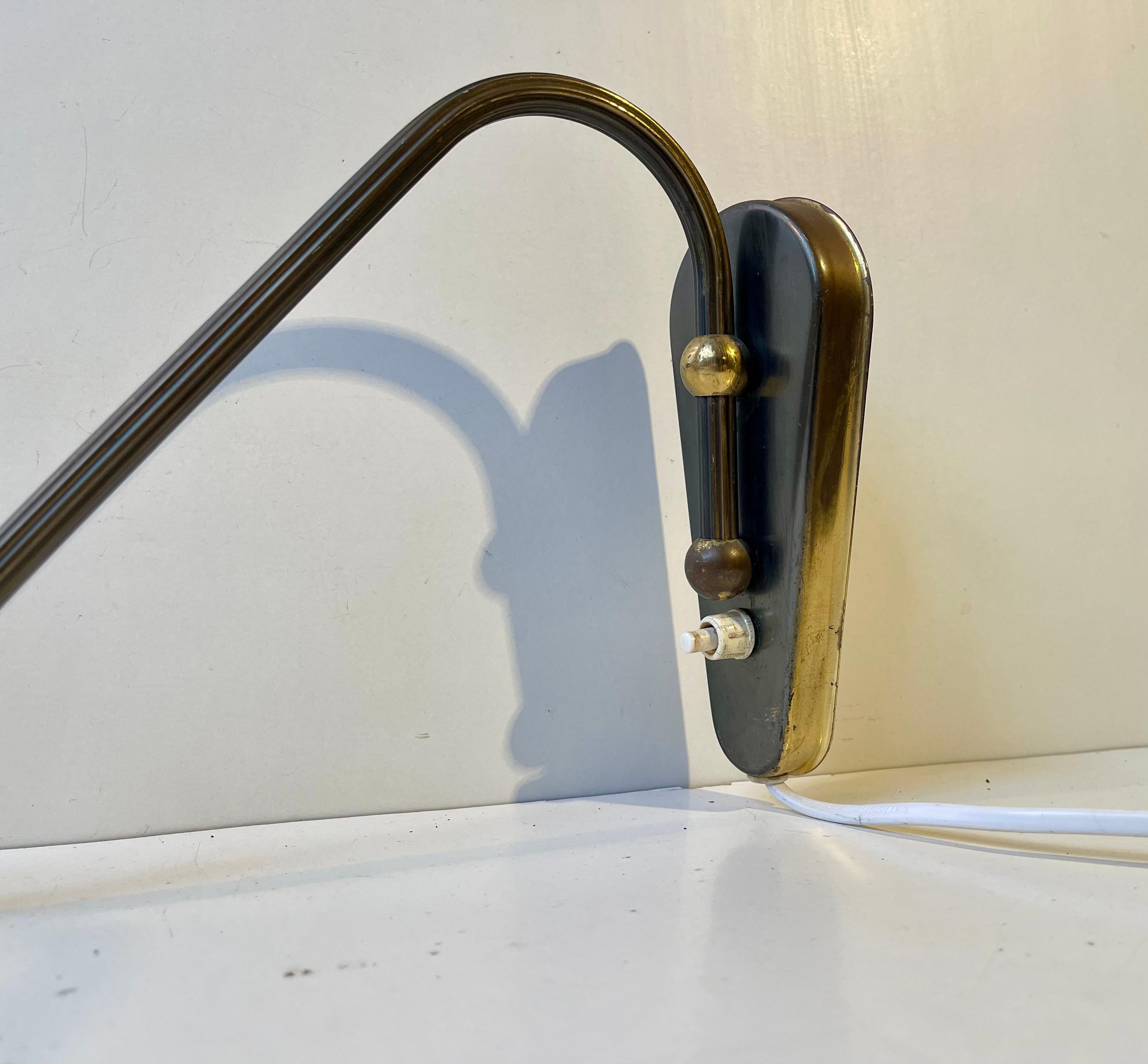 Mid-20th Century Danish Modern Brass Swing Arm Wall Lamp with Opaline Shade, 1960s