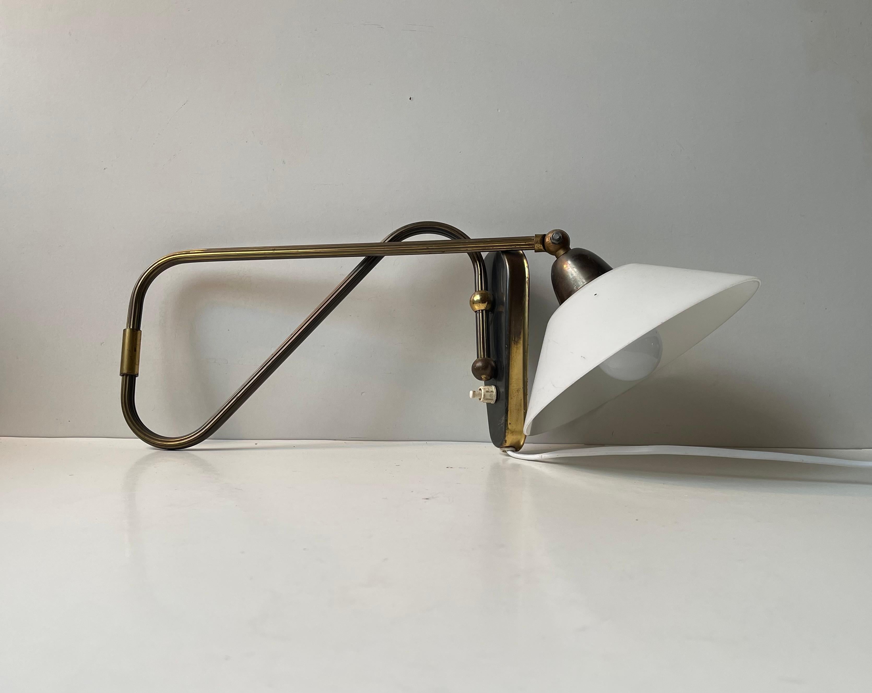 Danish Modern Brass Swing Arm Wall Lamp with Opaline Shade, 1960s 1
