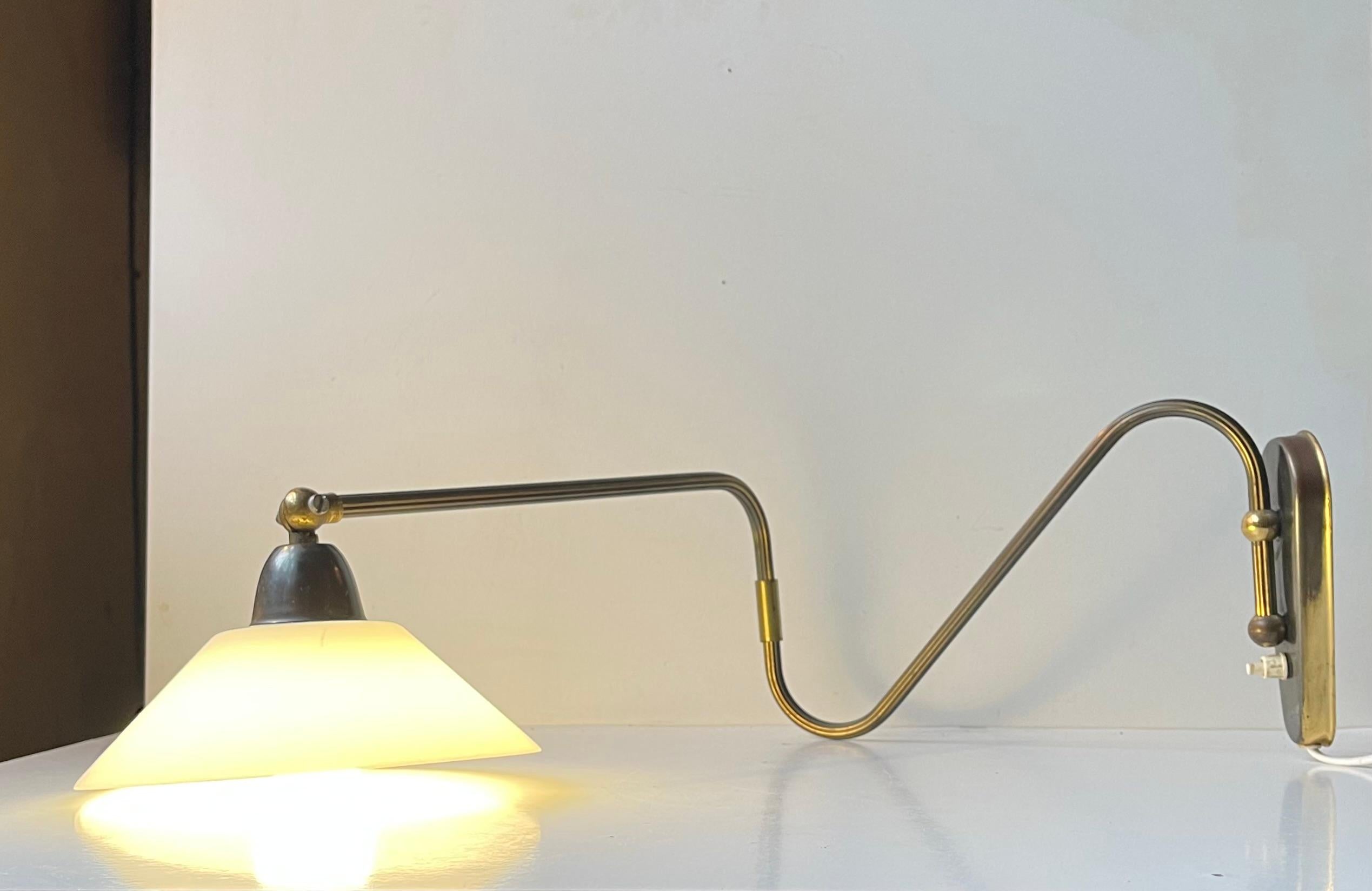 Danish Modern Brass Swing Arm Wall Lamp with Opaline Shade, 1960s 3