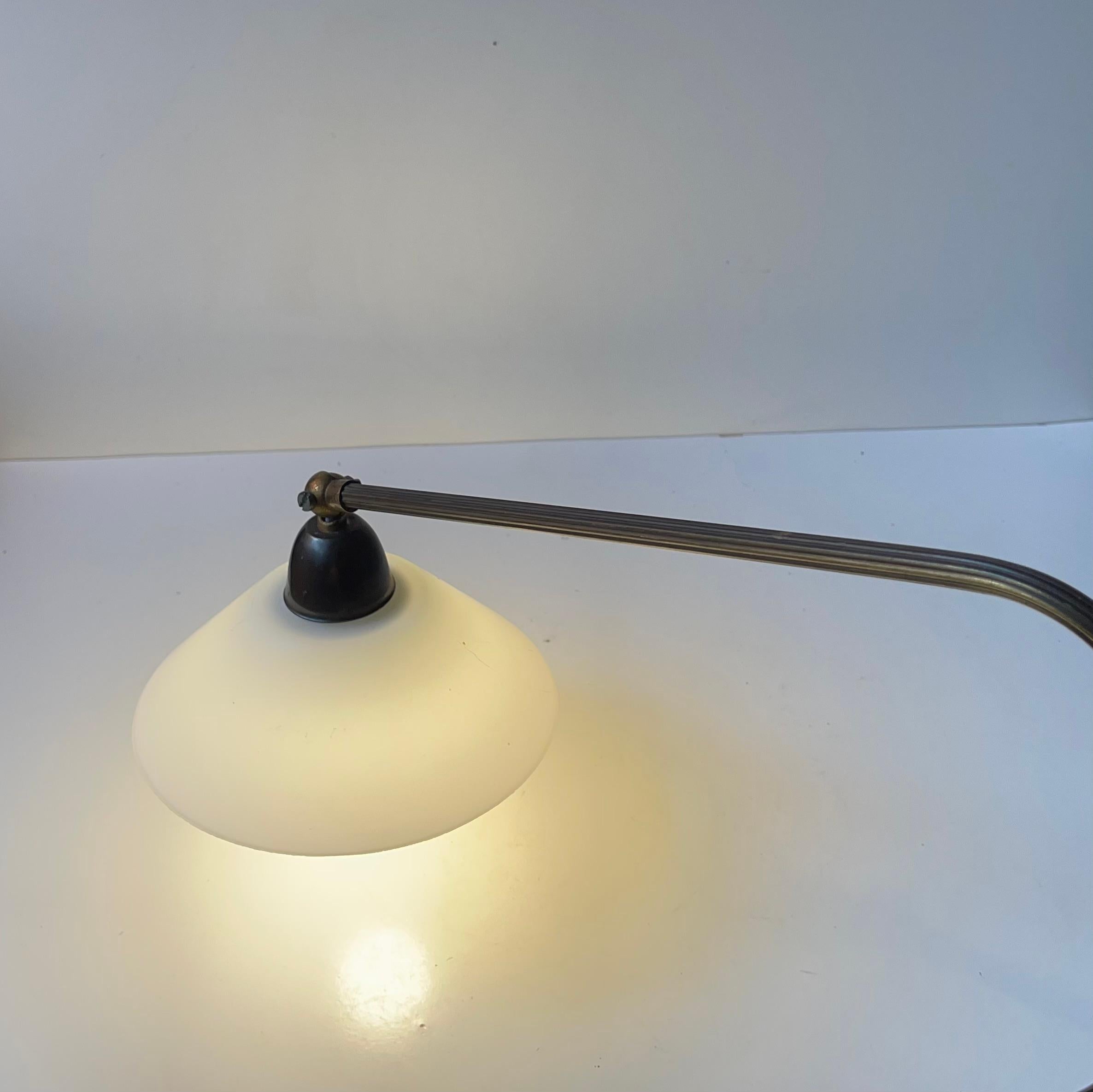Danish Modern Brass Swing Arm Wall Lamp with Opaline Shade, 1960s 4