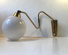 Danish Modern Brass Swing Arm Wall Light with Opaline Sphere, 1960s