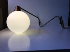 Danish Modern Brass Swing Arm Wall Light with Opaline Sphere, 1960s